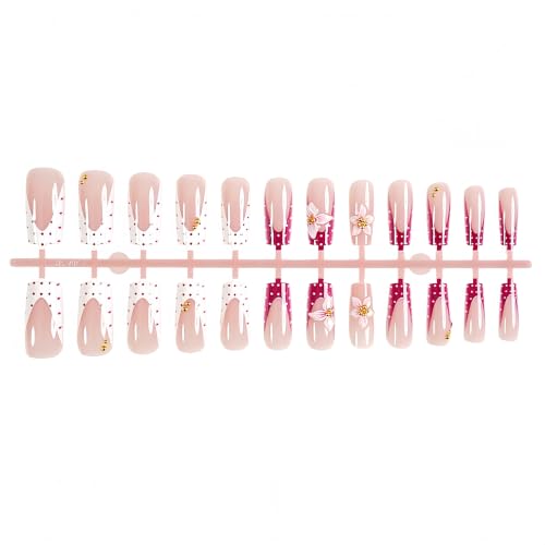 24Pcs Pink Flower Press On Nails with 3D Gold Rhinestones