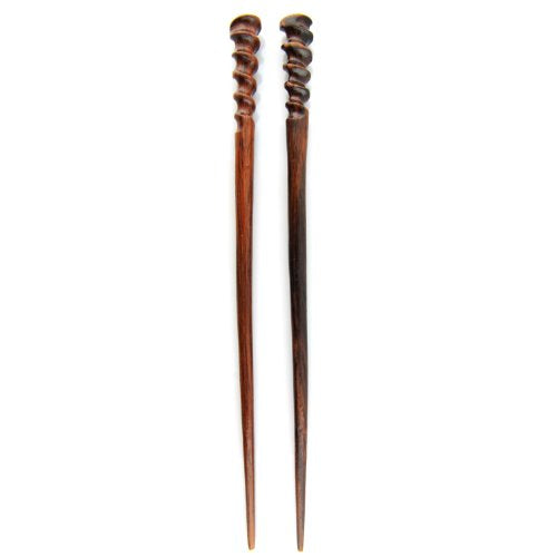 Fine Cut Spiral Hair Pin Chopsticks - Hand Carved Wood Sticks