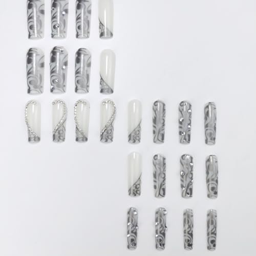 Black Silver French Tip Fake Nails with Heart Design - Reusable Square Press-On, 24 Pcs