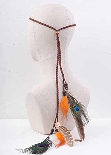 Boho Feather Headband with Colorful Peacock Tassels for Women