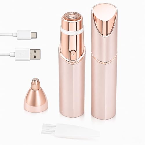 2-in-1 Facial Hair Remover for Women Rechargeable Eyebrow & Nose Trimmer | Portable facial shaver for eyebrows, nose, lip and chin with USB rechargeable convenience for easy touch-ups.
