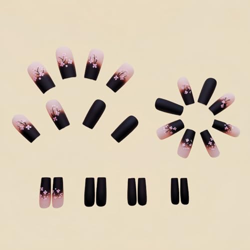 CEWEWP A1 Fall Pink Black Gradient Coffin Press-On Nails 24pcs - Medium, Glossy, Full Cover, Pink Flowers Design