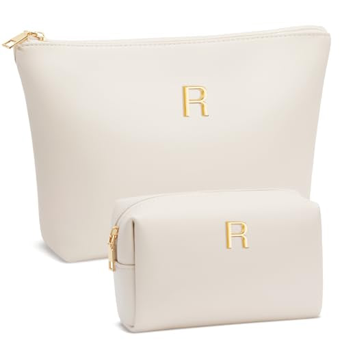 CLOUDWINGS Personalized Initial Makeup Bag - Beige R Toiletry Travel Pouch