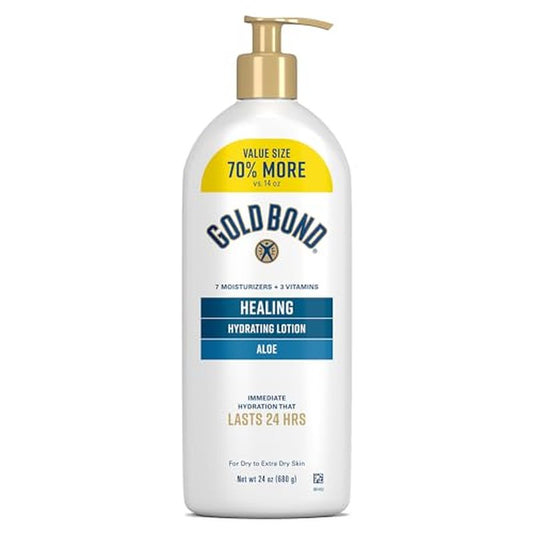 Gold Bond Healing Hydrating Body Lotion with Aloe, Moisturizer for Dry to Extra Dry Skin, 24-HR Hydration to Soothe & Comfort, Non-Greasy, Dermatologist-Tested, Light Scent, 24 Oz Family Size Pump