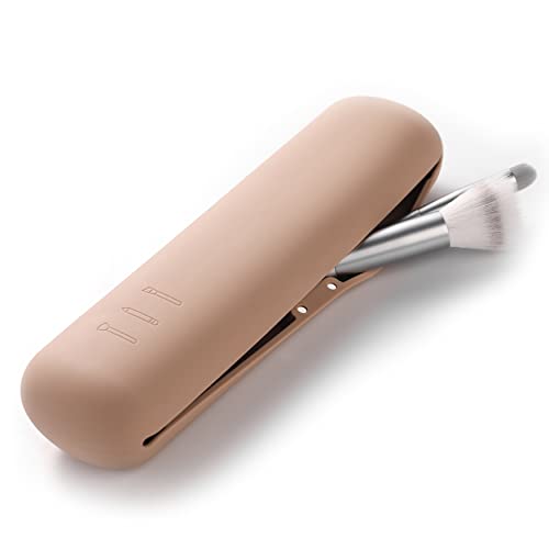 FERYES Large Travel Makeup Brush Holder Khaki - Magnetic Silicone Organizer for Face Brushes
