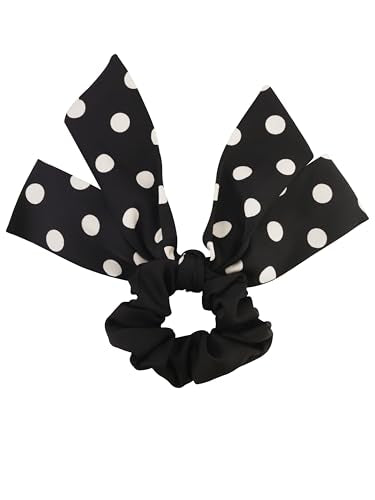 MINACHI Polka Dot Bow Tail Scrunchie - Black Satin Hair Tie TIES.016