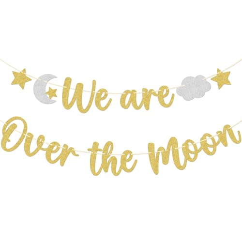 We Are Over the Moon Banner - Gold & Silver Glitter Baby Shower Decor