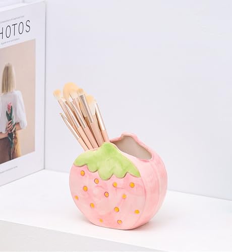 Strawberry Ceramic Makeup Brush Holder - Cute Desktop Desk Organizer