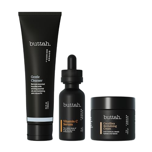 Buttah Skin 3pc Transforming Skincare Kit for Melanin | Rich Skin Revitalizing CocoShea Cream Moisturizer 2 oz | 15% Vitamin C Serum 1 oz | Buttah Cleanser 3.4 oz | Black Founded Skincare