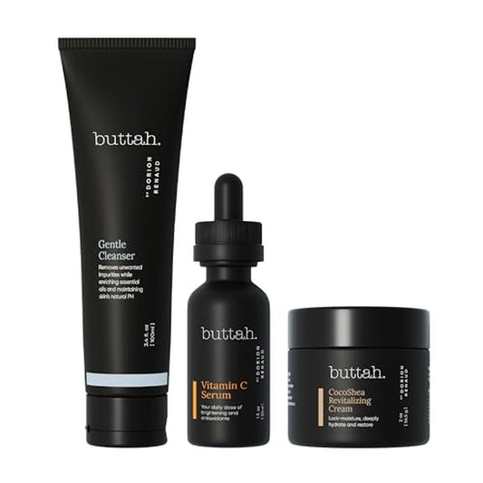 Buttah Skin 3pc Transforming Skincare Kit for Melanin | Rich Skin Revitalizing CocoShea Cream Moisturizer 2 oz | 15% Vitamin C Serum 1 oz | Buttah Cleanser 3.4 oz | Black Founded Skincare
