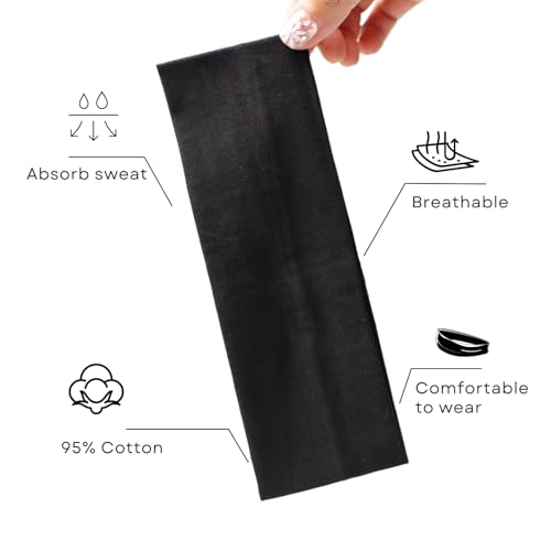 3-Pack Black Cotton Headbands for Women - Non-Slip Sweatbands