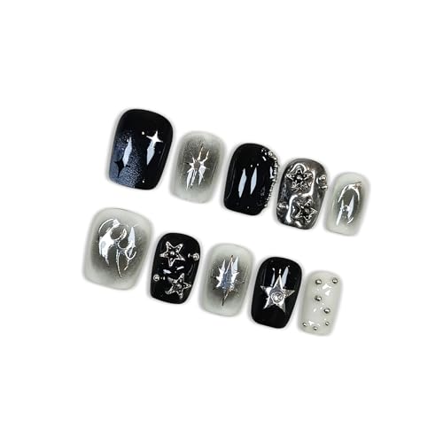 Hantyer Short Square Press On Nails Metal M Dark Glam with Silver 3D Stars