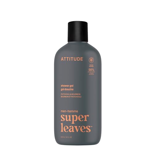 ATTITUDE Men's Shower Gel Body Wash - 98% Natural, EWG Verified, Patchouli & Bourbon, 14 Fl Oz