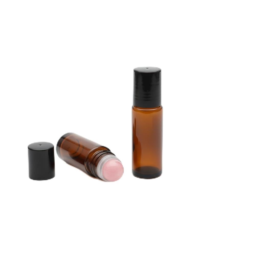 Cchenxxi 2 Pcs 1.7oz Amber Glass Roll On Bottles with Jade Roller Balls | Leak-Resistant Design for Essential Oils, Perfume & DIY Deodorant | Refillable, Includes Funnel & Opener (50ML Pink)
