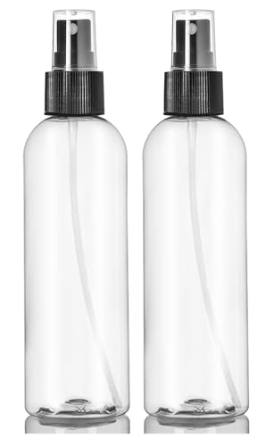 8 oz Clear PET Spray Bottle with Black Mist Sprayer – Refillable Cosmetic/Essential Oil Bottle, Pack of 2, Made in USA