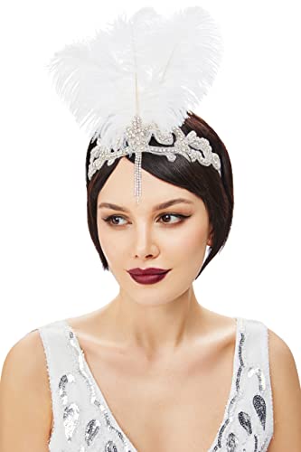 BABEYOND White 1920s Flapper Headband with Feathers & Crystals - Gatsby Costume Accessory