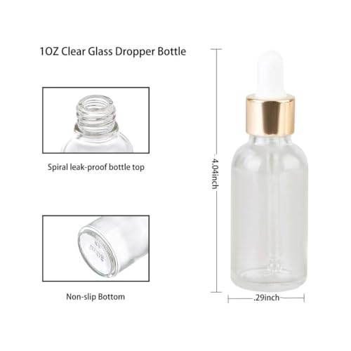 1oz Clear Glass Dropper Bottles - 12-Pack with Gold Caps & Labels