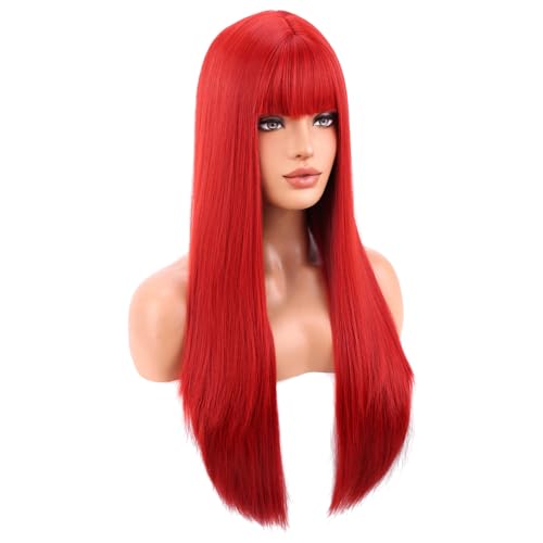 BERON 26-Inch Red Straight Wig with Bangs Heat-Resistant Synthetic Hair