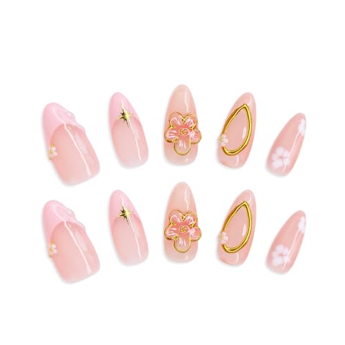 OCOUYVD Medium Almond Fake Nails with 3D Gold Embossed Flower Design - Size M / 2426