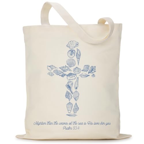 Inspirational Psalm 93:4 Seashells Canvas Tote Bag for Shopping