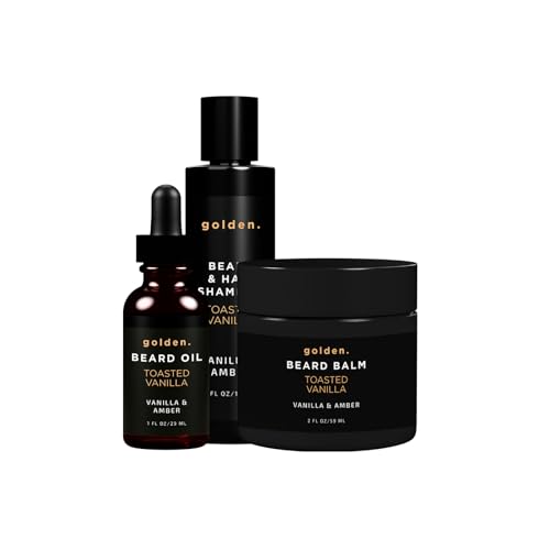 Golden Grooming Beard Bundle (Regular Starter Kit) 4oz Shampoo, 2oz Balm, 1oz Oil - Toasted Vanilla