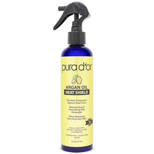 PURA D'OR 8 Oz Argan Oil Heat Shield Protectant Spray with Select Organic Ingredients, Protects Up To 450¨¬ F From Flat Iron & Hot Blow Dry, Leave-In, Define & Shine Dry & Damaged Hair