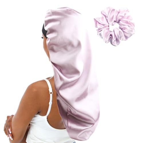 X-Large Satin Sleep Bonnet for Women - Double-Layer Long Hair Cap with Tie Band, Lilac Purple