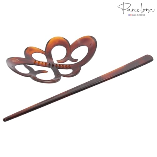 Parcelona French Tortoise Shell Bun Holder with Hair Stick - 3.5 Inch