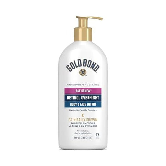 Gold Bond Age Renew Retinol Overnight Body & Face Lotion, 13 Oz, Anti-Aging Moisturizer for Visibly Plumper, Smoother Skin, 24-HR Hydration, Non-Irritating, Non-Greasy, Dermatologist-Tested, Unscented