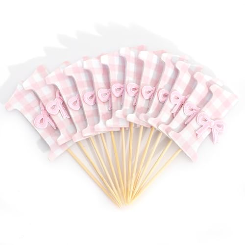 12 Pcs Pink Bow Cupcake Toppers for 1st Birthday & Anniversary