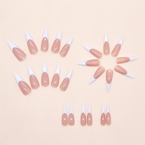 BABALAL Long French Tip Press-On Nails - 24 Pcs Glossy White Acrylic