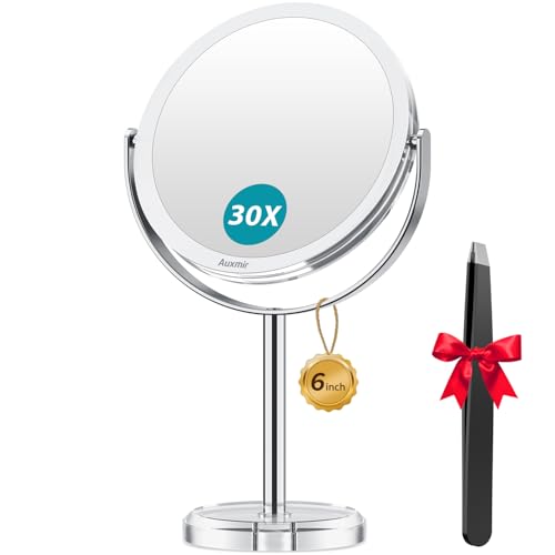 Auxmir 1X/ 30X Magnifying Mirror, Makeup Mirror with Tweezer, Double Sided Round Vanity Tabletop Mirror, 360¡Æ Rotation Portable for Dressing Table Desk Bathroom Bedroom Travel, Clear