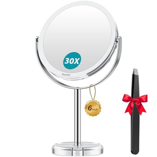 Auxmir 1X/ 30X Magnifying Mirror, Makeup Mirror with Tweezer, Double Sided Round Vanity Tabletop Mirror, 360¡Æ Rotation Portable for Dressing Table Desk Bathroom Bedroom Travel, Clear