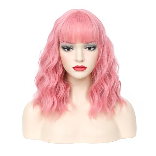 CLIONE Pink Bob Wig with Bangs - Short Wavy Synthetic Hair 14”