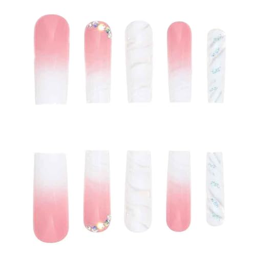 Ombre Pink White Press-On Nails with Rhinestones - 24 Pcs