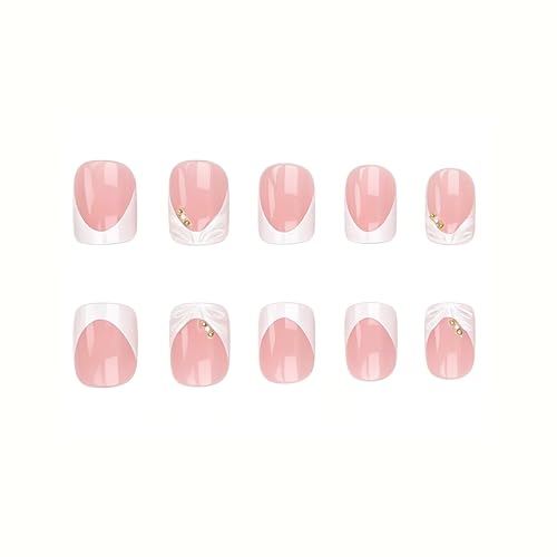 24Pcs White French Tip Press On Nails with 3D Flowers & Rhinestones