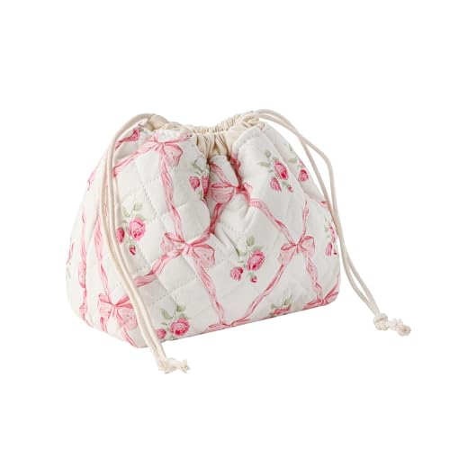 UEKEBOAG Pink Bows Cotton Quilted Drawstring Makeup Bag - Large, Foldable, Stylish Cosmetic Organizer
