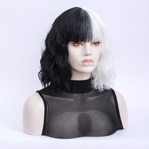 MORTICIA White and Black Short Curly Bob Wig with Bangs