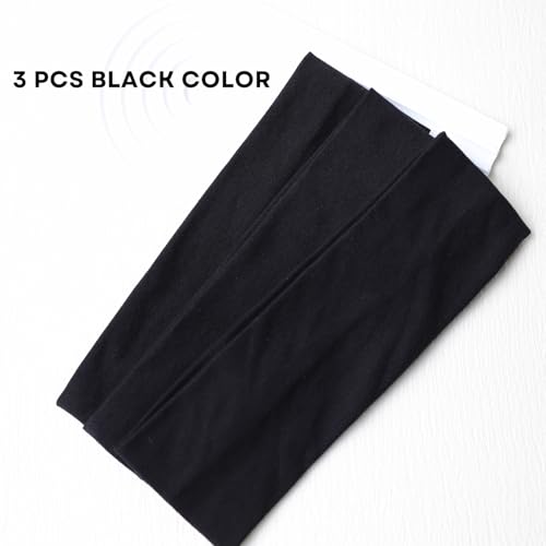 3-Pack Black Cotton Headbands for Women - Non-Slip Sweatbands