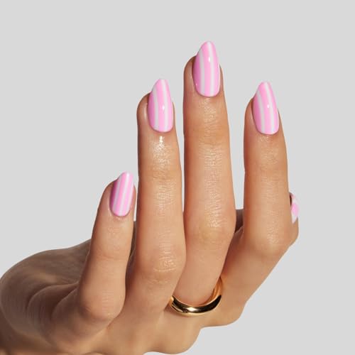 LAMIMOSA Candy Stripes Press On Nails Kit - 32 Pcs Short Almond Soft Gel