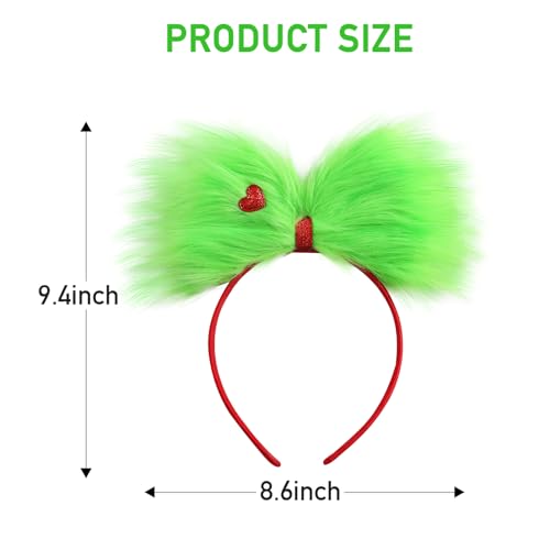 Green Furry Hair Bow Headband for Women - Large Christmas Hair Accessory