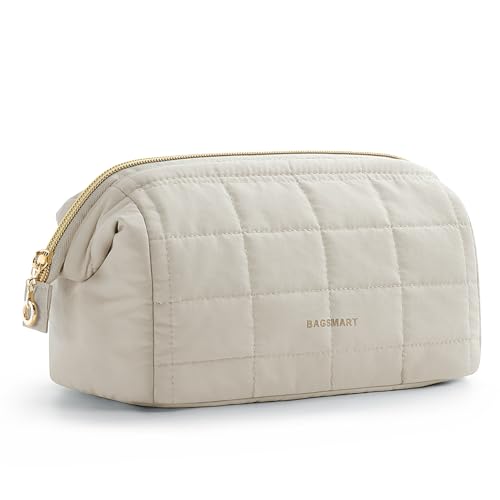 BAGSMART Puffy Makeup Bag - Wide-Open Travel Toiletry Organizer, Beige