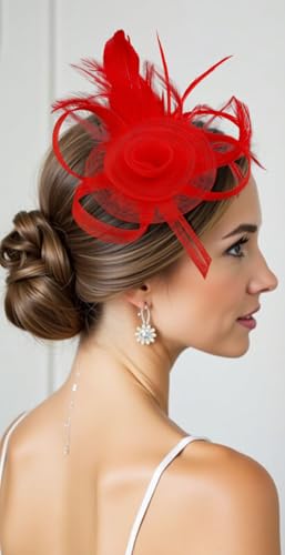 Red Fascinators Hats for Women Tea Party & Wedding Headwear - WOVOWOVO