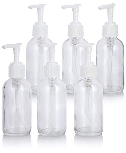 JUVITUS 4 oz Clear Glass Boston Round Bottles with Lotion Pumps, 6 Pack