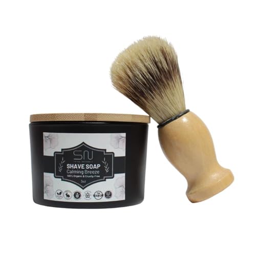 Organic Shave Soap Set with Barber Brush - Calming Breeze 3 oz