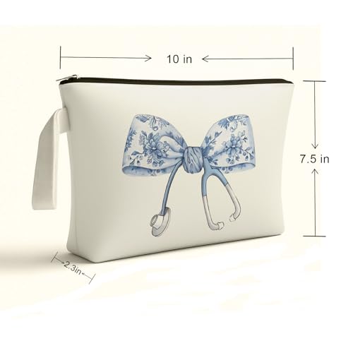 Chinoiserie Makeup Bag with Pink Bow | Blue White Floral | ARPTCN | Large Capacity Toiletry Pouch - White-026