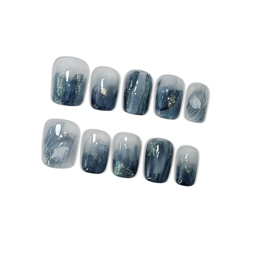 Hantyer Blue Ocean Wave Press on Nails, Short Square 3D Gel False Nails