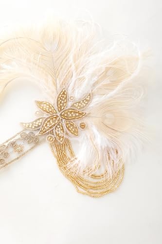Beige Flapper Headpiece for Women - 1920s Gatsby Feather Headband