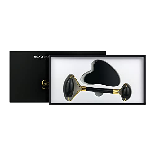 Golden Oil Black Obsidian Facial Roller & Gua Sha Set for Anti-Aging & Skin Tightening