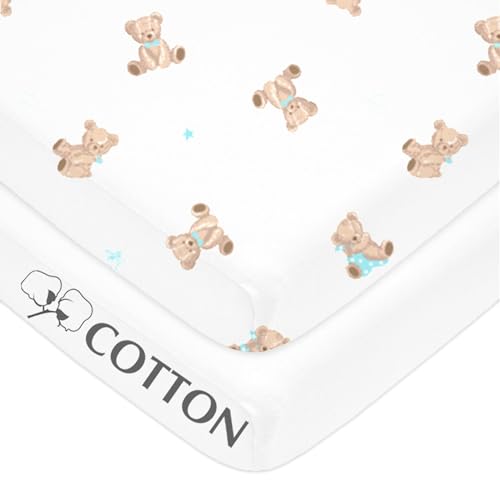 Fitted Mini Crib Sheets 2 Pack - 100% Cotton, 24x38, Bear & White